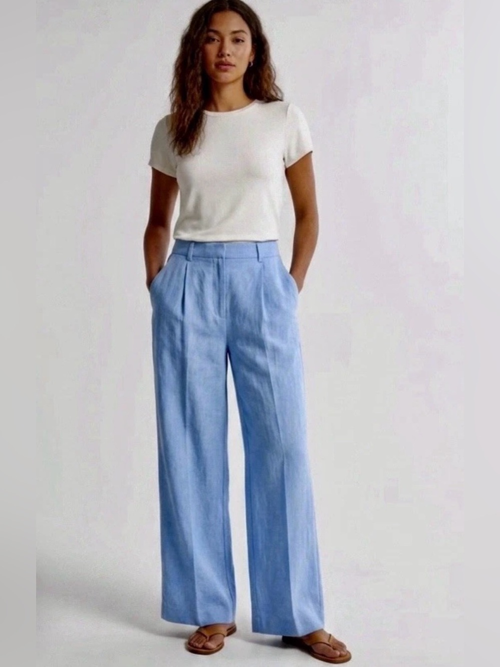 Abercrombie & Fitch High Rise Linen Blend Wide Leg Pants XL Blue Pleated